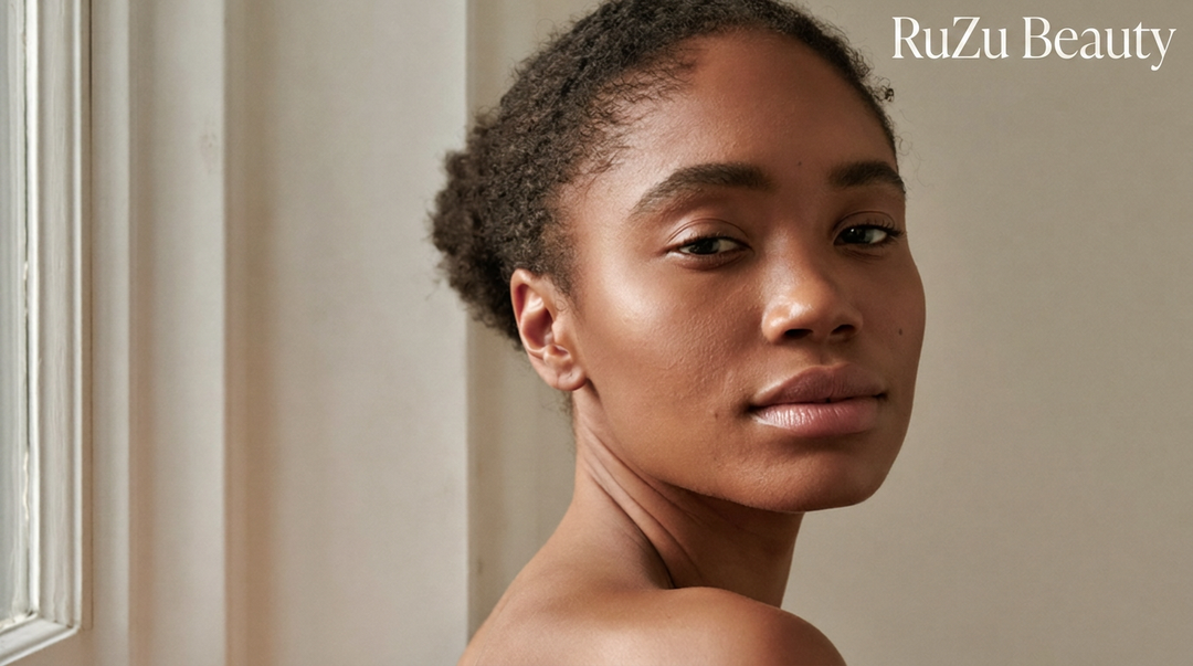South African woman with clear even-toned skin after a Korean skincare routine for dark spots, RuZu Beauty