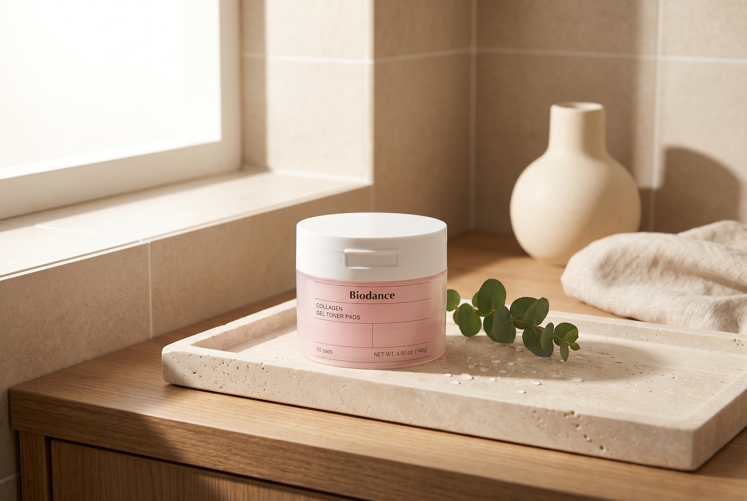 Biodance Collagen Gel Toner Pads on a sunlit bathroom shelf, Korean skincare
