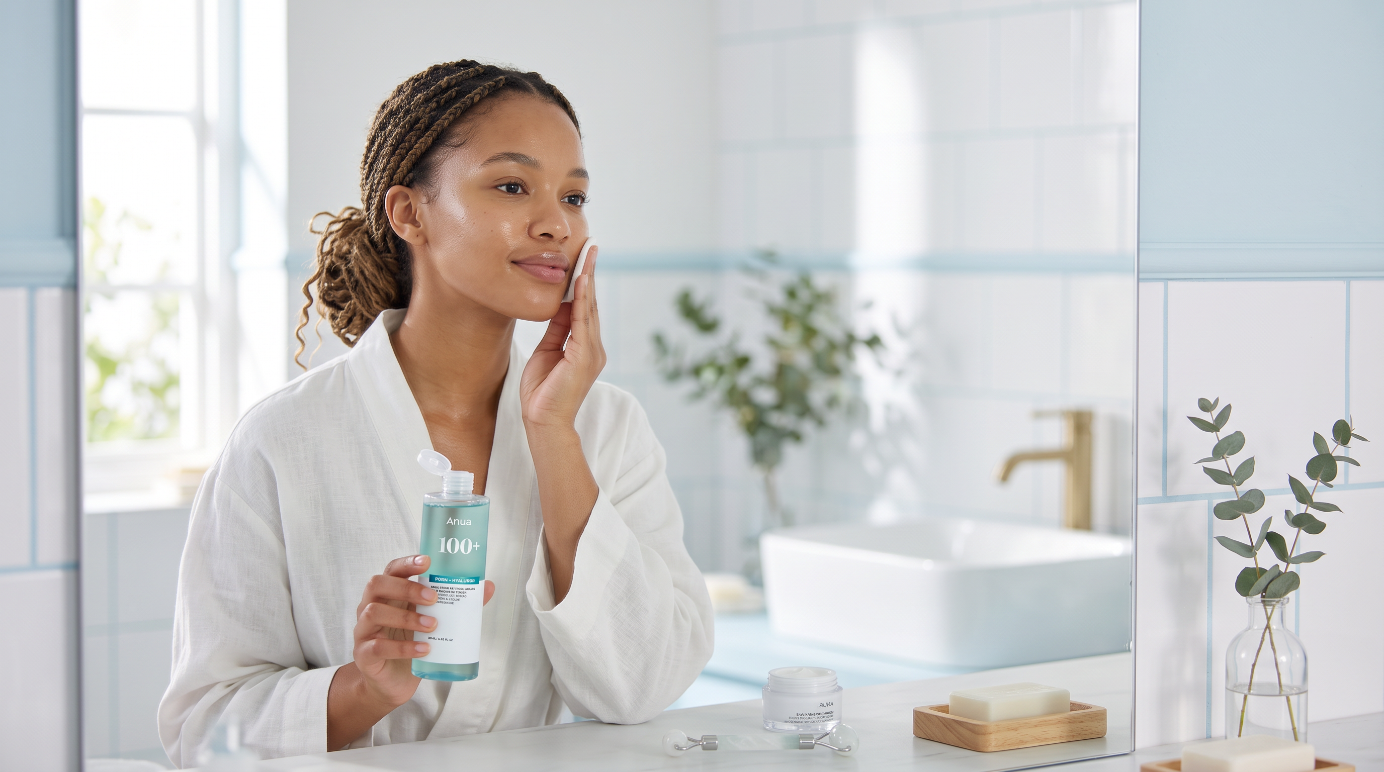 Young South African woman applying toner during her morning K-beauty routine in a soft blue bathroom