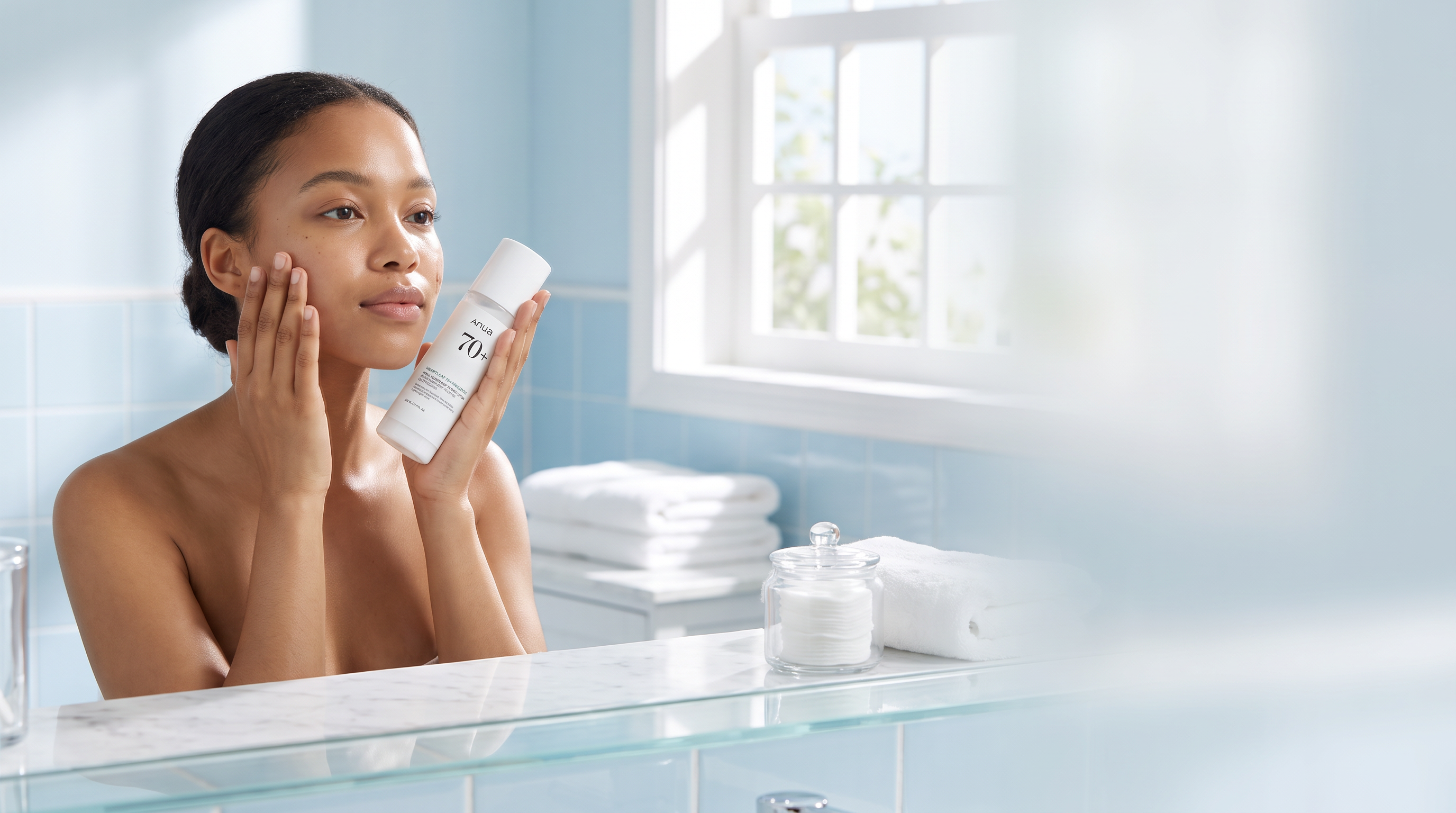 Young South African woman applying a lightweight lotion to balanced, healthy oily skin