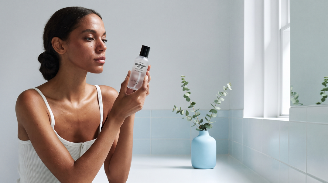 Woman holding Jumiso Snail Mucin 95% and Peptide Essence at a bright bathroom counter