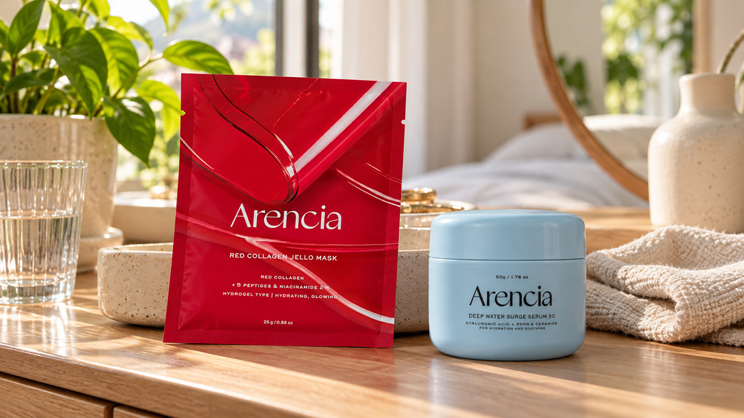 Arencia Red Collagen Jello Mask and Deep Water Surge Serum on a sunlit dressing table