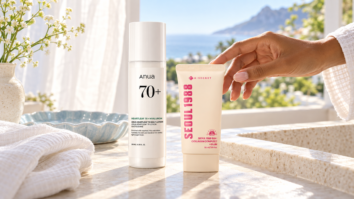 Anua Heartleaf 70 Daily Lotion and K-Secret Seoul 1988 sunscreen on a sunlit vanity during a summer morning skincare routine.