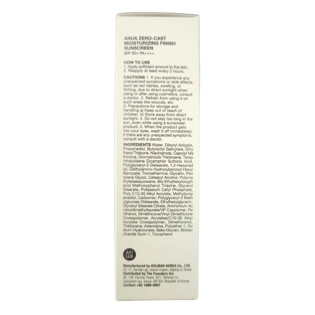Anua Zero-Cast Moisturizing Finish Sunscreen SPF50+ PA++++ 50ml
